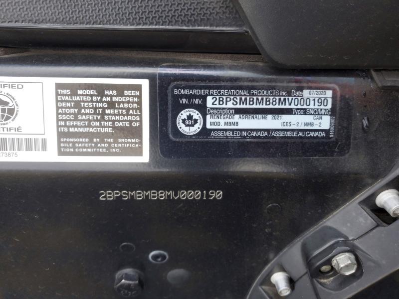 47392696 :رقم المزاد ، 2BPSMBMB8MV000190 vin ، 2021 Ski-doo Renegade Adrenaline مزاد بيع