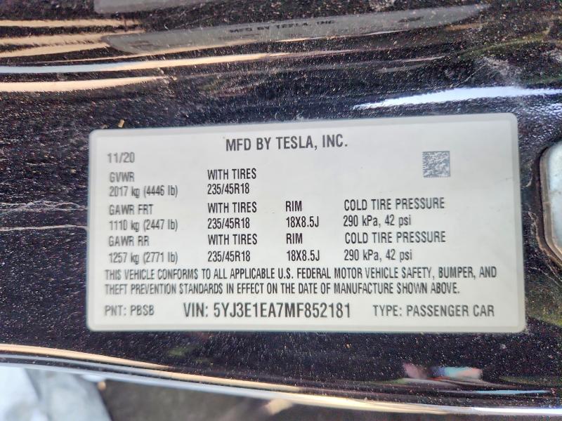 Продажа на аукционе авто 2021 Tesla Model 3, vin: 5YJ3E1EA7MF852181, номер лота: 46146986