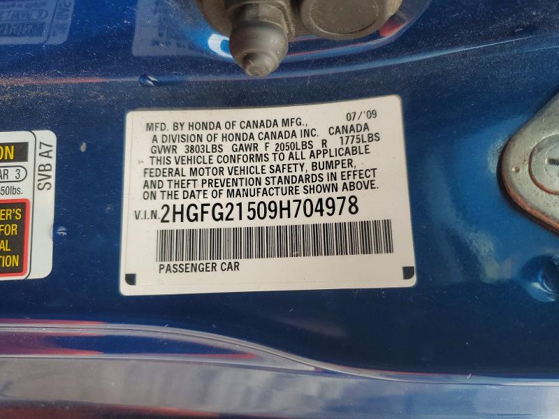 48005926 :رقم المزاد ، 2HGFG21509H704978 vin ، 2009 Honda Civic مزاد بيع