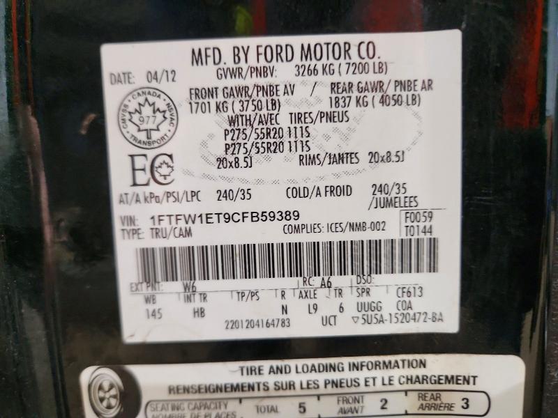 45972386 :رقم المزاد ، 1FTFW1ET9CFB59389 vin ، 2012 Ford F150 مزاد بيع