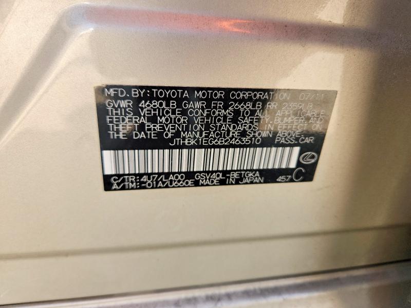 2011 Lexus Es 350 მანქანა იყიდება აუქციონზე, vin: JTHBK1EG6B2463510, აუქციონის ნომერი: 47291186