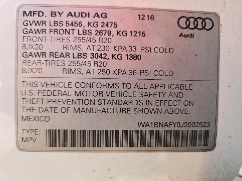 2018 Audi Q5 მანქანა იყიდება აუქციონზე, vin: WA1BNAFY0J2002523, აუქციონის ნომერი: 46646806