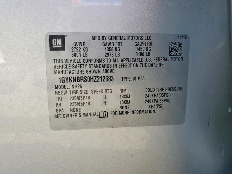 79210755 :رقم المزاد ، 1GYKNBRS0HZ212683 vin ، 2017 Cadillac Xt5 مزاد بيع