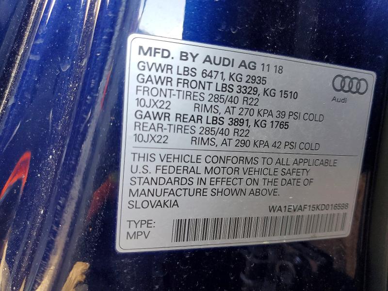 Продаж на аукціоні авто 2019 Audi Q8, vin: WA1EVAF15KD016598, номер лоту: 47676546
