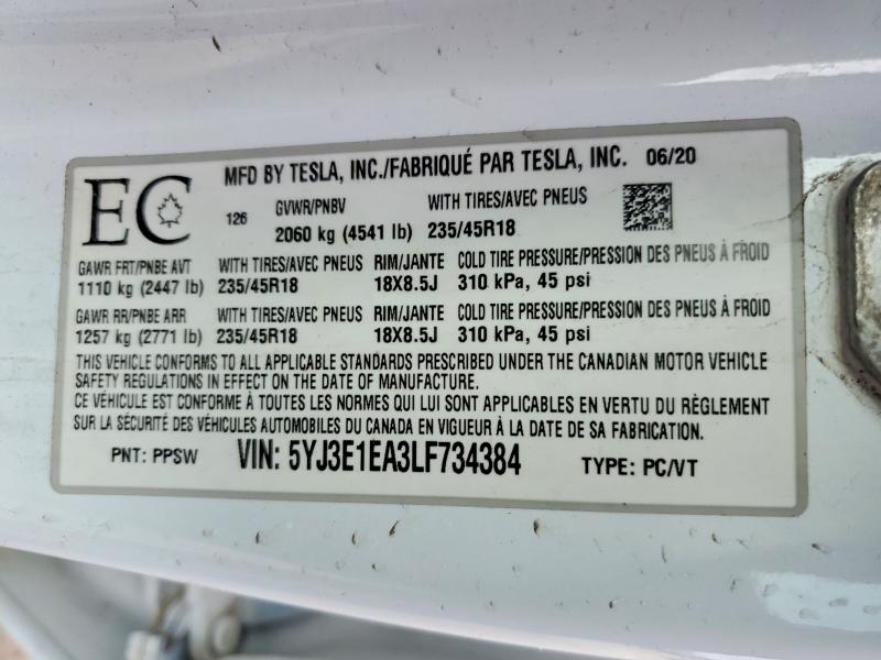 Продажа на аукционе авто 2020 Tesla Model 3, vin: 5YJ3E1EA3LF734384, номер лота: 46916676