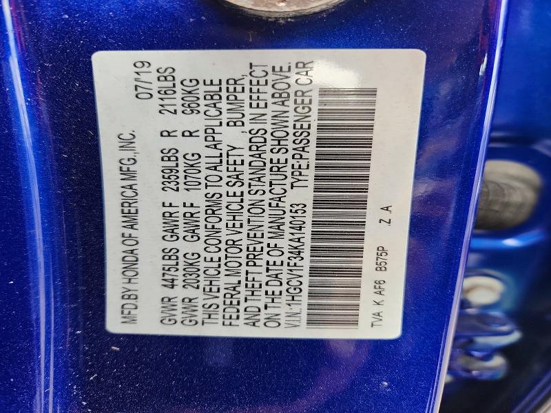 Aukcja sprzedaży 2019 Honda Accord, vin: 1HGCV1F34KA140153, numer aukcji: 47458686