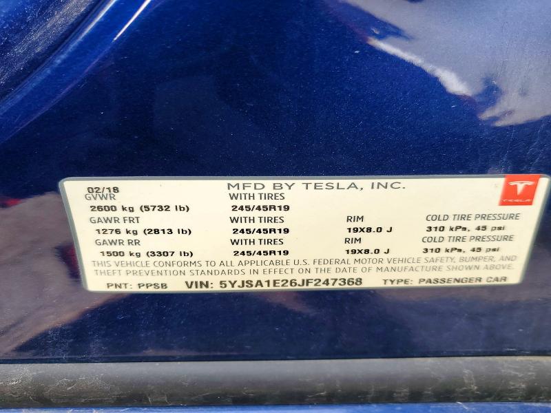 Продажа на аукционе авто 2018 Tesla Model S, vin: 5YJSA1E26JF247368, номер лота: 46199446