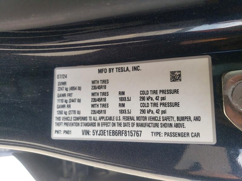 Aukcja sprzedaży 2024 Tesla Model 3, vin: 5YJ3E1EB6RF815767, numer aukcji: 48349106