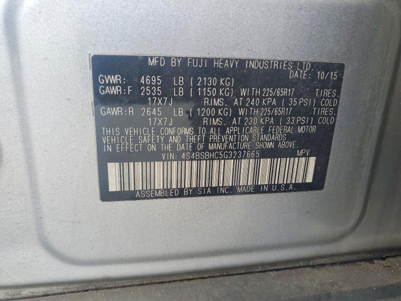 47864236 :رقم المزاد ، 4S4BSBHC5G3237665 vin ، 2016 Subaru Outback مزاد بيع