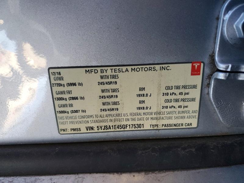 2016 Tesla Model S მანქანა იყიდება აუქციონზე, vin: 5YJSA1E45GF175301, აუქციონის ნომერი: 47109546