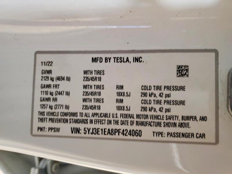 Продажа на аукционе авто 2023 Tesla Model 3, vin: 5YJ3E1EA8PF424060, номер лота: 46115986