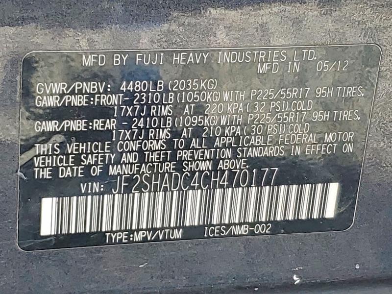 2012 Subaru Forester მანქანა იყიდება აუქციონზე, vin: JF2SHADC4CH470177, აუქციონის ნომერი: 79658305