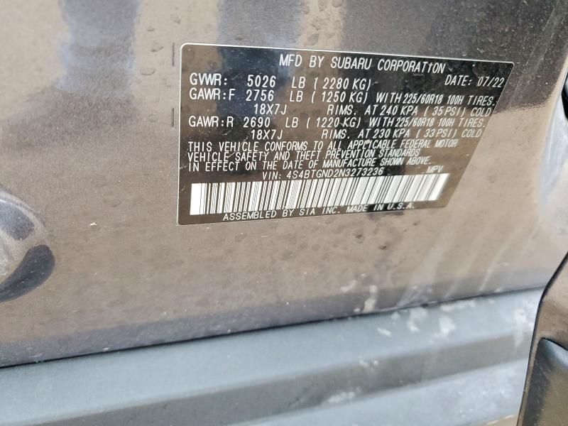 2022 Subaru Outback მანქანა იყიდება აუქციონზე, vin: 4S4BTGND2N3273236, აუქციონის ნომერი: 78294175