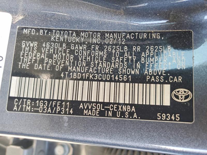 Aukcja sprzedaży 2012 Toyota Camry Hybrid, vin: 4T1BD1FK3CU014561, numer aukcji: 45556726