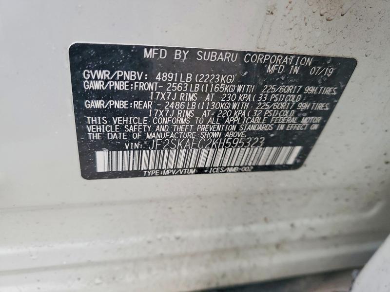 Продаж на аукціоні авто 2019 Subaru Forester, vin: JF2SKAEC2KH595323, номер лоту: 46460936