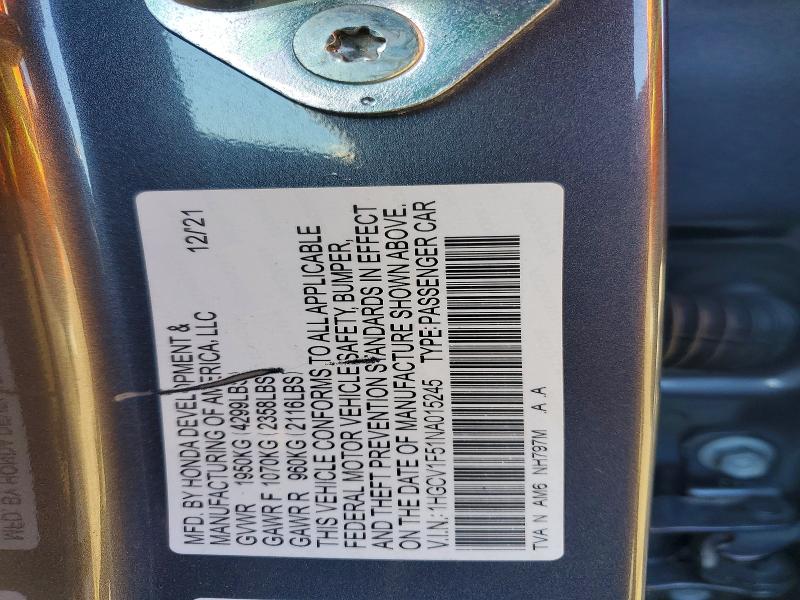 2022 Honda Accord მანქანა იყიდება აუქციონზე, vin: 1HGCV1F51NA015245, აუქციონის ნომერი: 79410965