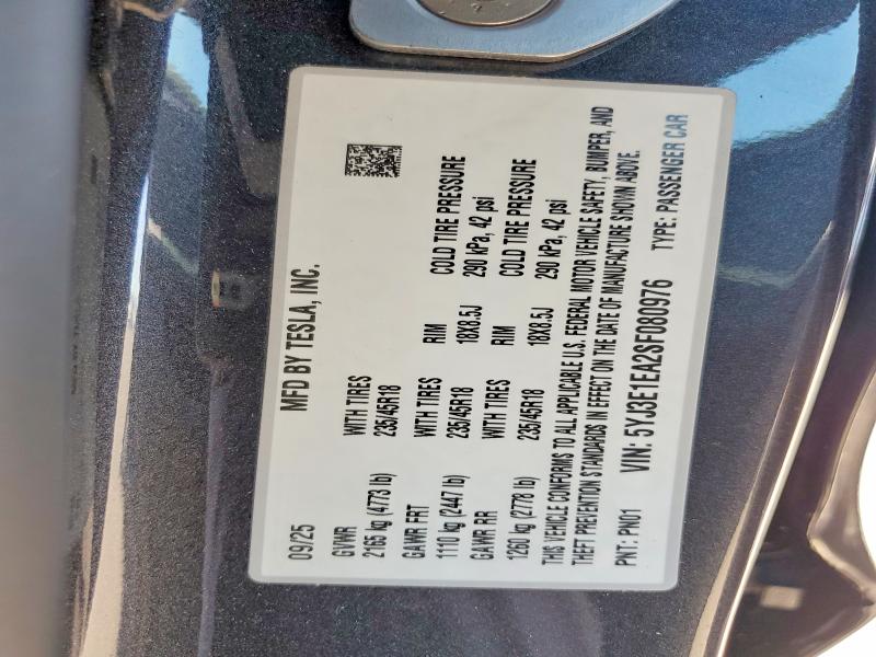 Продаж на аукціоні авто 2025 Tesla Model 3, vin: 5YJ3E1EA2SF080976, номер лоту: 47506556