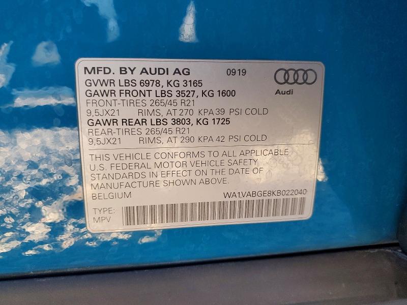 Продаж на аукціоні авто 2019 Audi E-tron, vin: WA1VABGE8KB022040, номер лоту: 79124965