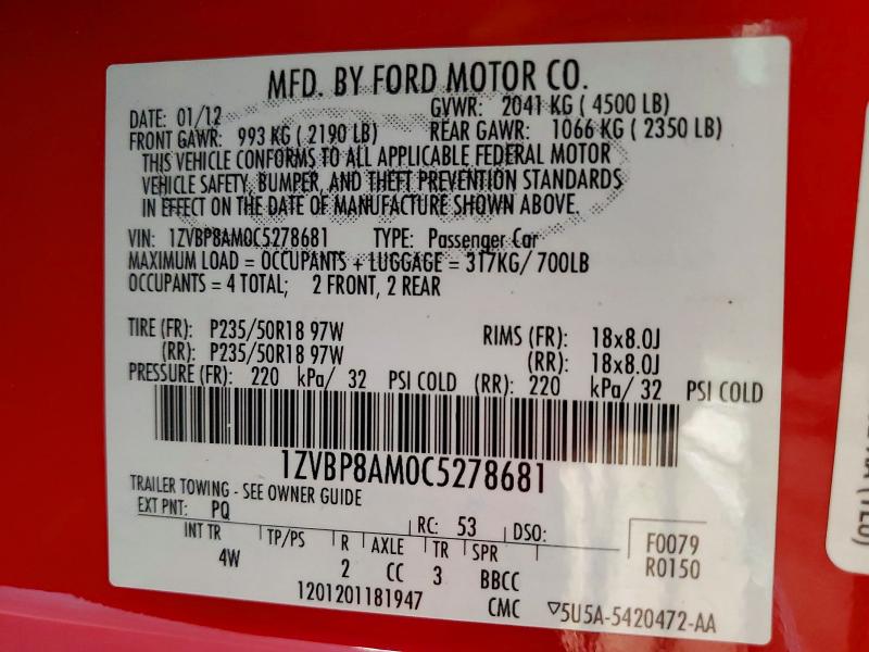 Продажа на аукционе авто 2012 Ford Mustang, vin: 1ZVBP8AM0C5278681, номер лота: 46427686