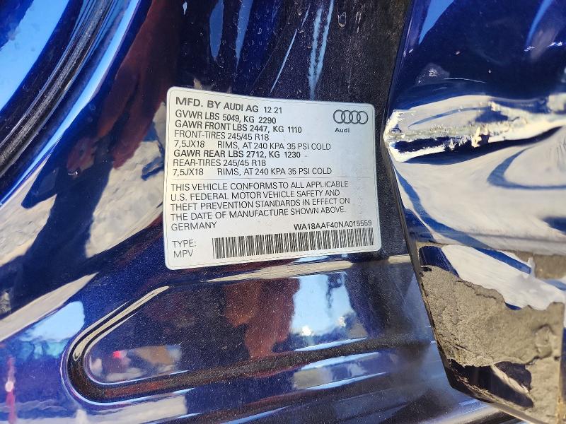 Aukcja sprzedaży 2022 Audi A4 Allroad, vin: WA18AAF40NA015559, numer aukcji: 46951686