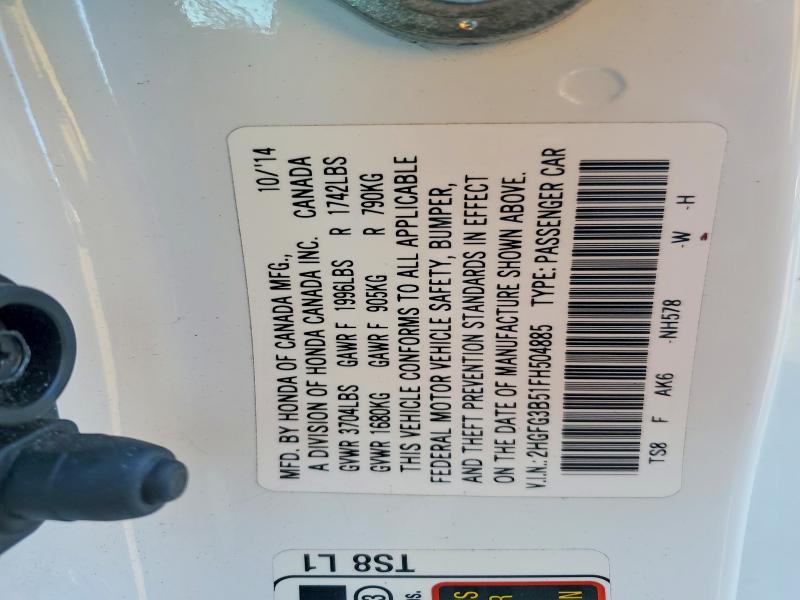 Auction sale of the 2015 Honda Civic, vin: 2HGFG3B51FH504885, lot number: 45969986