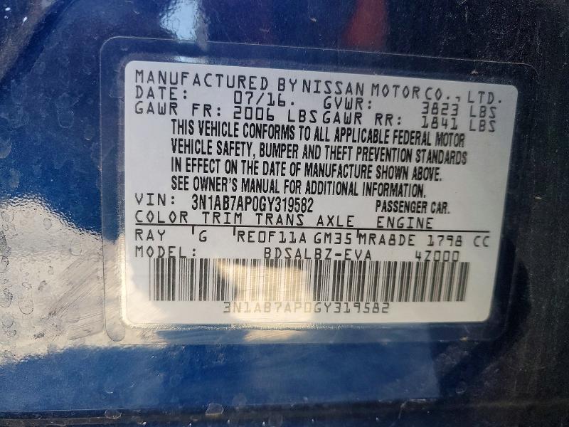 Продажа на аукционе авто 2016 Nissan Sentra, vin: 3N1AB7AP0GY319582, номер лота: 47237566