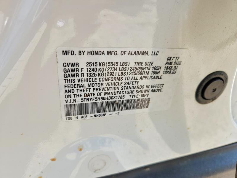 Aukcja sprzedaży 2017 Honda Pilot, vin: 5FNYF5H60HB031785, numer aukcji: 47509996