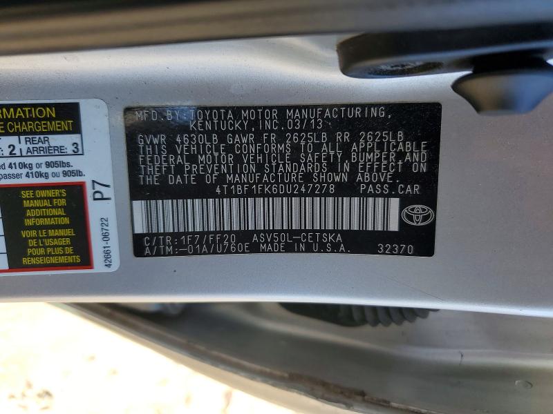 Aukcja sprzedaży 2013 Toyota Camry, vin: 4T1BF1FK6DU247278, numer aukcji: 45981026