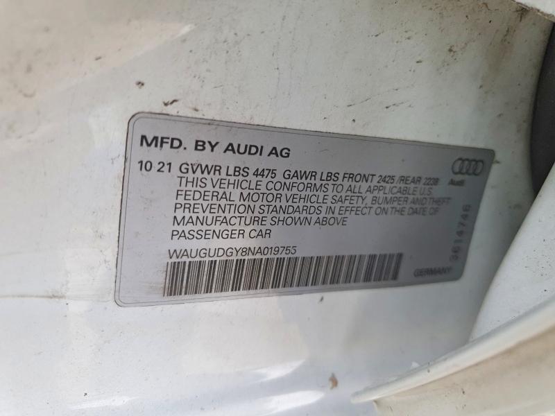 2022 Audi A3 მანქანა იყიდება აუქციონზე, vin: WAUGUDGY8NA019755, აუქციონის ნომერი: 45590966