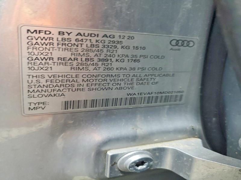 2021 Audi Q8 მანქანა იყიდება აუქციონზე, vin: WA1EVAF10MD021050, აუქციონის ნომერი: 48291816