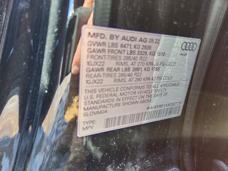 46480946 :رقم المزاد ، WA1EVBF1XND027736 vin ، 2022 Audi Q8 مزاد بيع