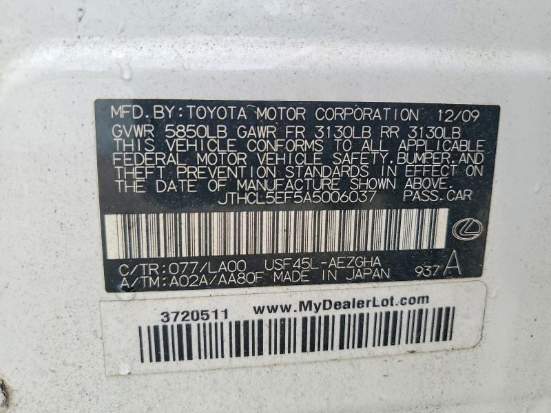 45950086 :رقم المزاد ، JTHCL5EF5A5006037 vin ، 2010 Lexus Ls 460 مزاد بيع