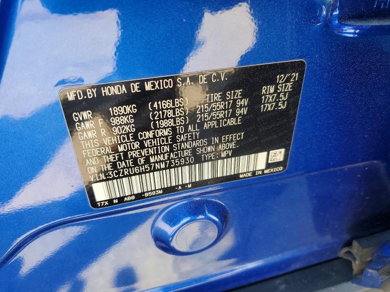 2022 Honda Hr-v მანქანა იყიდება აუქციონზე, vin: 3CZRU6H57NM735930, აუქციონის ნომერი: 46827466