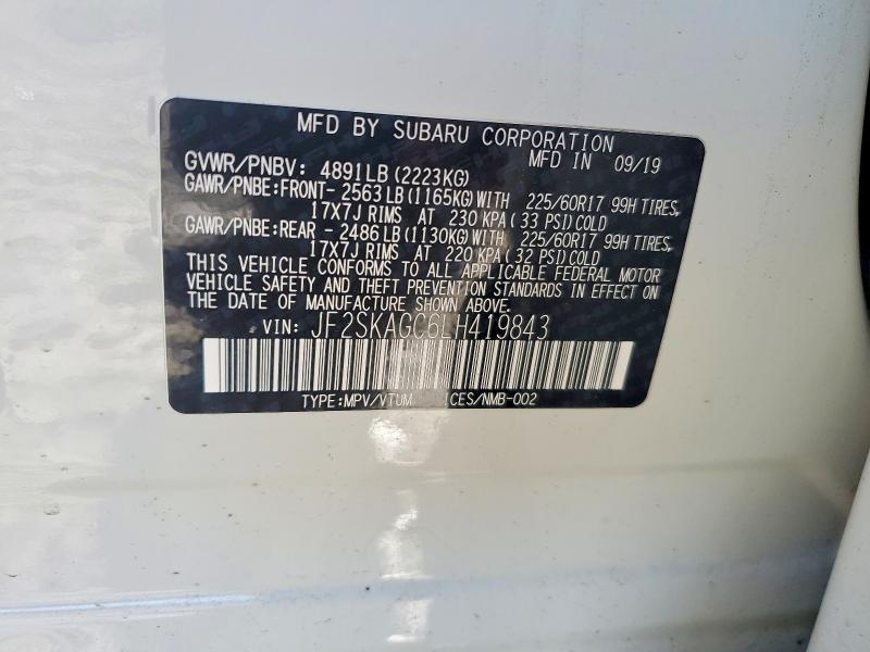2020 Subaru Forester მანქანა იყიდება აუქციონზე, vin: JF2SKAGC6LH419843, აუქციონის ნომერი: 46850516