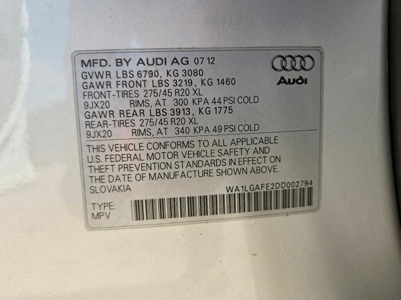 47455006 :رقم المزاد ، WA1LGAFE2DD002794 vin ، 2013 Audi Q7 مزاد بيع