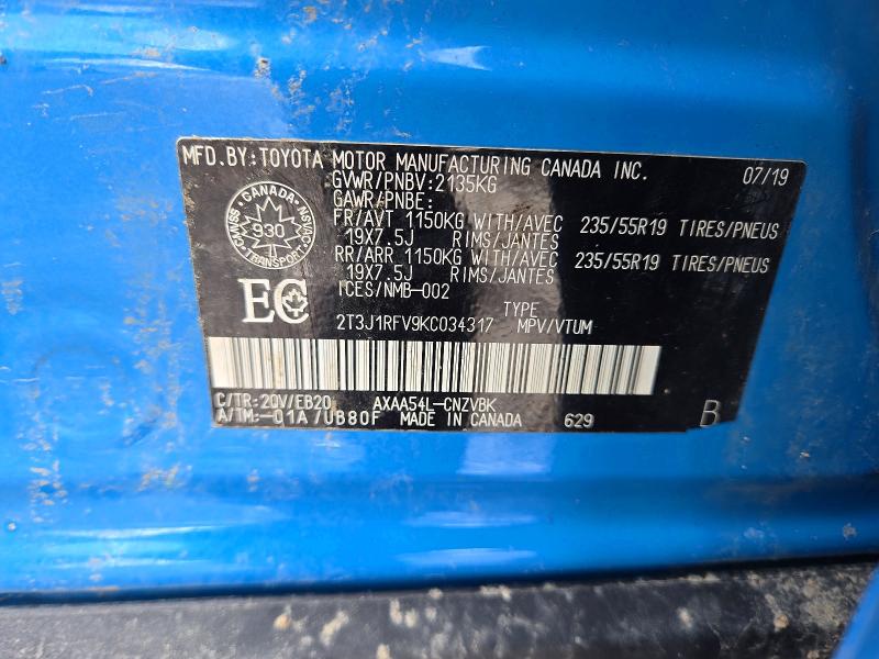 2019 Toyota Rav4 მანქანა იყიდება აუქციონზე, vin: 2T3J1RFV9KC034317, აუქციონის ნომერი: 46417936