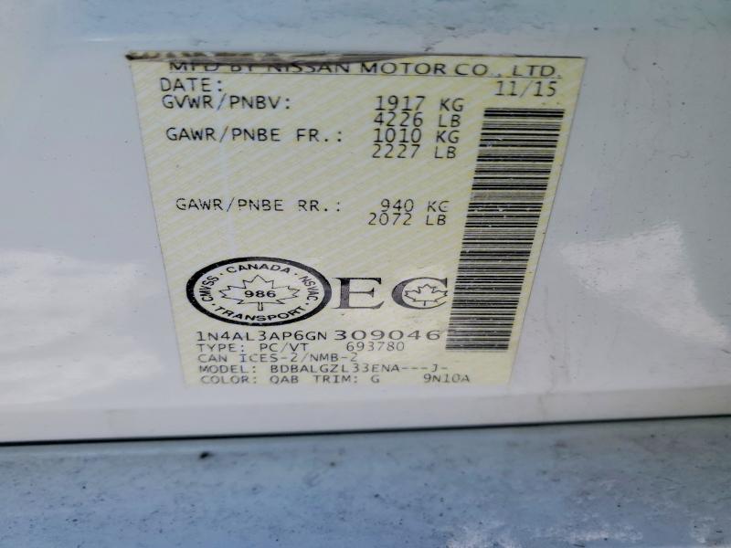 2016 Nissan Altima მანქანა იყიდება აუქციონზე, vin: 1N4AL3AP6GN309046, აუქციონის ნომერი: 79174845