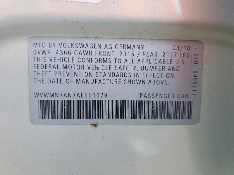 45836506 :رقم المزاد ، WVWMN7AN7AE551679 vin ، 2010 Volkswagen Cc مزاد بيع