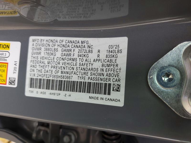 Продажа на аукционе авто 2025 Honda Civic, vin: 2HGFE2F56SH583667, номер лота: 46033416