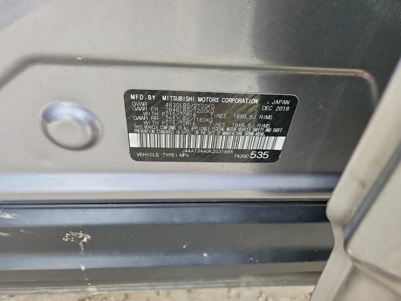 2019 Mitsubishi Eclipse Cross მანქანა იყიდება აუქციონზე, vin: JA4AT3AA0KZ031665, აუქციონის ნომერი: 47464946