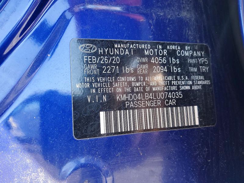 Продажа на аукционе авто 2020 Hyundai Elantra, vin: KMHD04LB4LU074035, номер лота: 46497246