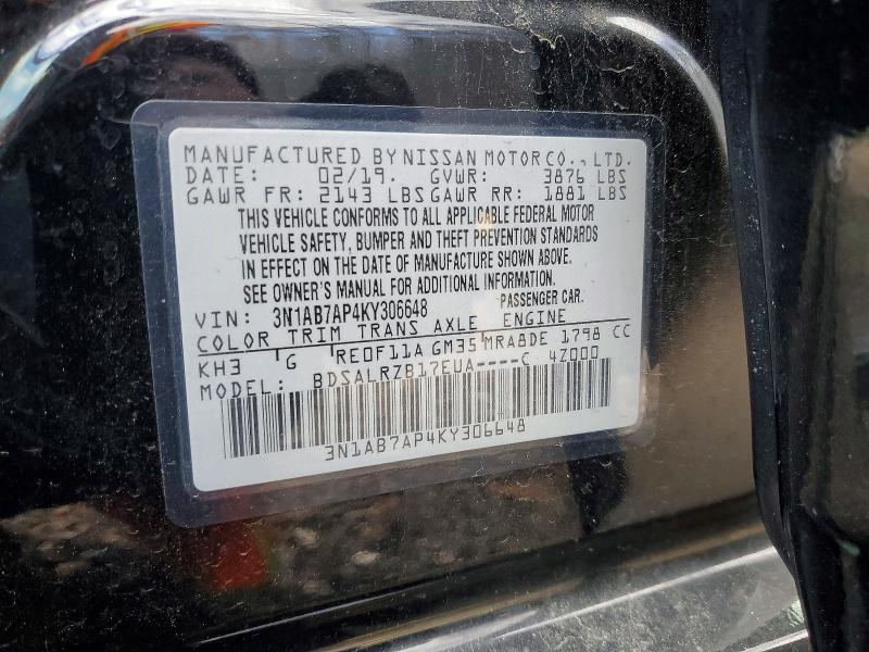 2019 Nissan Sentra მანქანა იყიდება აუქციონზე, vin: 3N1AB7AP4KY306648, აუქციონის ნომერი: 47111046