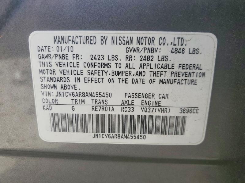 79571745 :رقم المزاد ، JN1CV6AR8AM455450 vin ، 2010 Infiniti G37 Sedan مزاد بيع