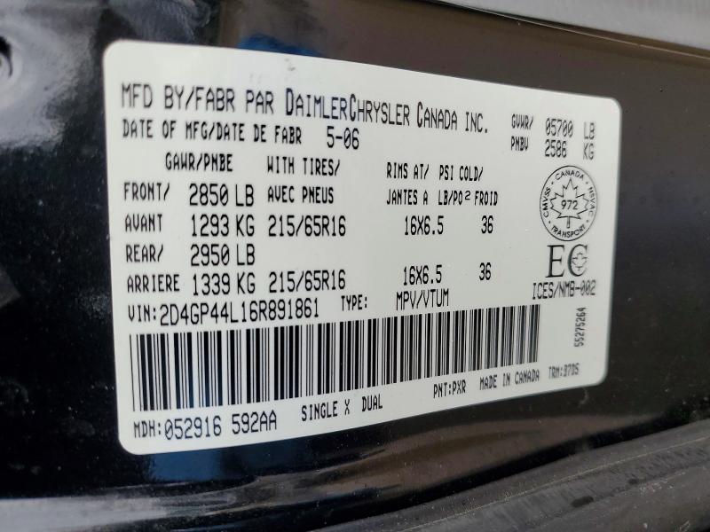 2006 Dodge Grand Caravan მანქანა იყიდება აუქციონზე, vin: 2D4GP44L16R891861, აუქციონის ნომერი: 79596265