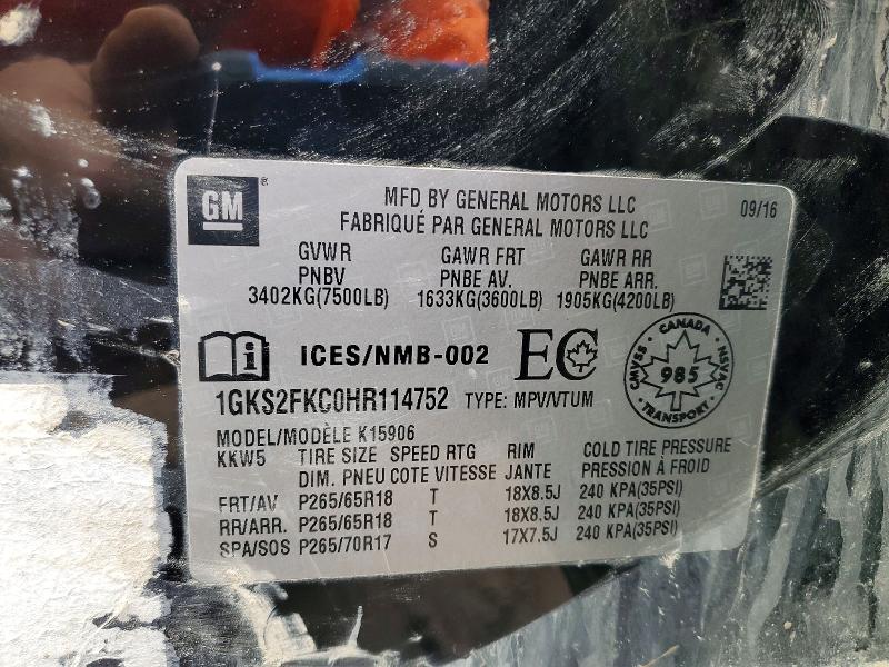Aukcja sprzedaży 2017 Gmc Yukon Xl, vin: 1GKS2FKC0HR114752, numer aukcji: 75996815