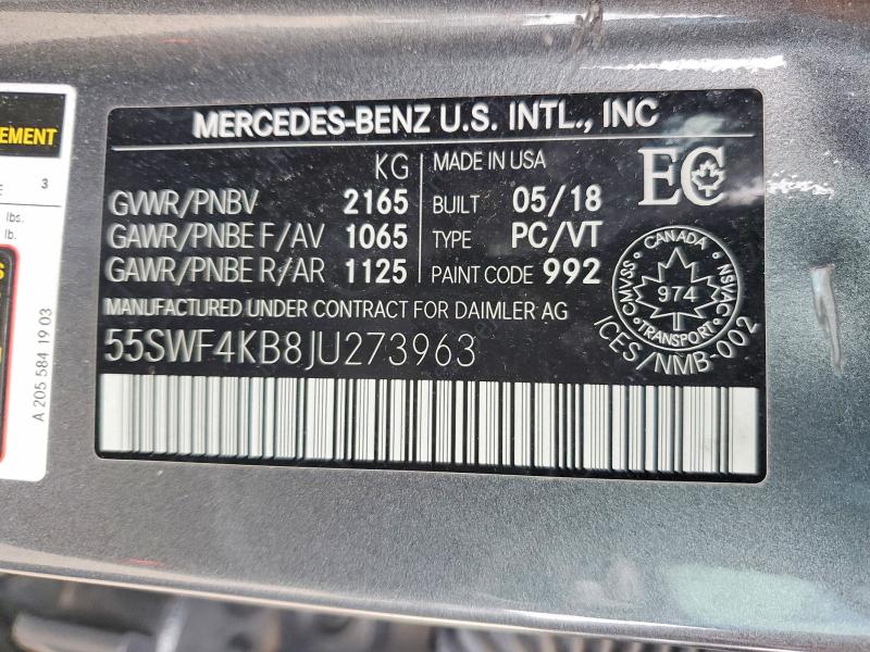 Aukcja sprzedaży 2018 Mercedes-benz C, vin: 55SWF4KB8JU273963, numer aukcji: 45582546