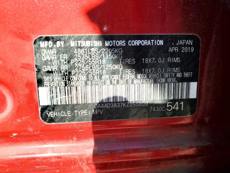 Продаж на аукціоні авто 2019 Mitsubishi Outlander, vin: JA4AD3A37KZ050809, номер лоту: 45818596