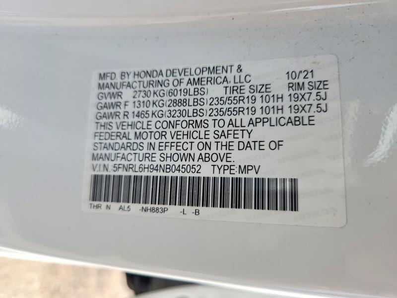 2022 Honda Odyssey მანქანა იყიდება აუქციონზე, vin: 5FNRL6H94NB045052, აუქციონის ნომერი: 46219566