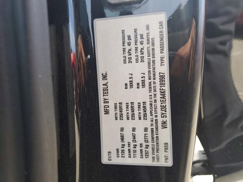 46529526 :رقم المزاد ، 5YJ3E1EA4KF189987 vin ، 2019 Tesla Model 3 مزاد بيع