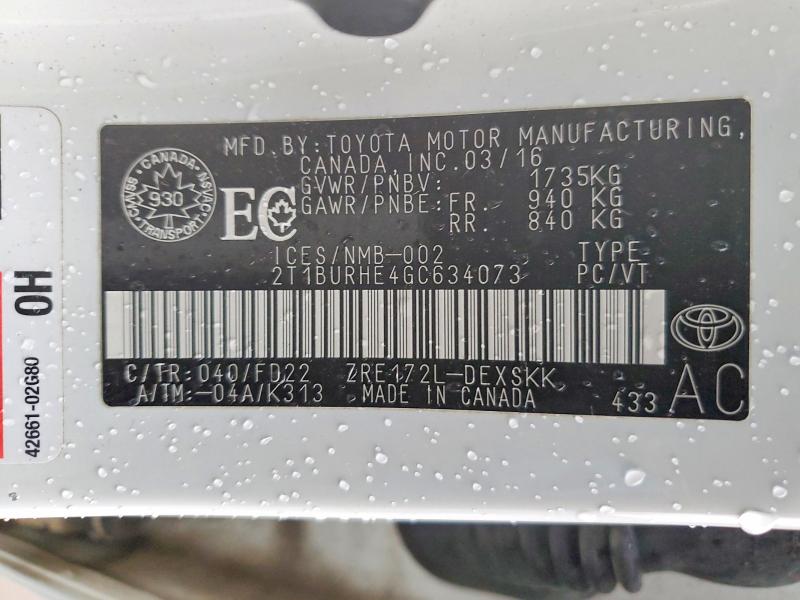 Продажа на аукционе авто 2016 Toyota Corolla, vin: 2T1BURHE4GC634073, номер лота: 79771875